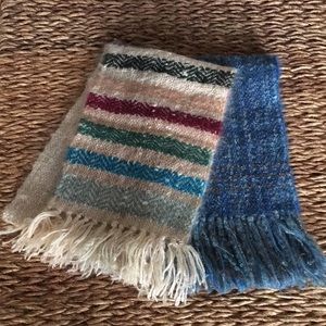 Wool boucle oblong scarves. Lot of 2. 1 cream and 1 blue. Fringed. Approx. 66”
